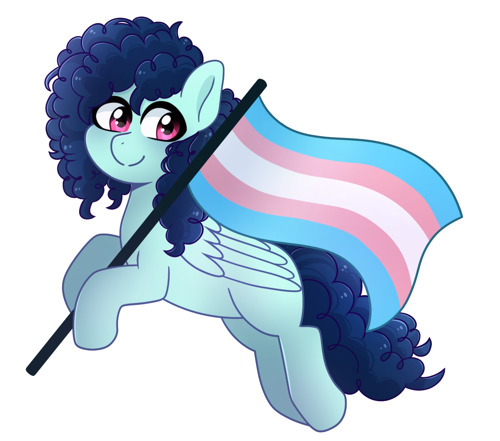 Shiiiny's OC, a minty blue pegasus pony with navy curly hair holding a trans pride flag
